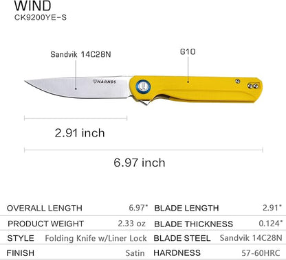 Wind Pocket Knife Flipper Sandvik Steel G10 Handle Folding Knife Ball Bearing with 2-Position Clip for Camping Survival and EDC (Yellow)