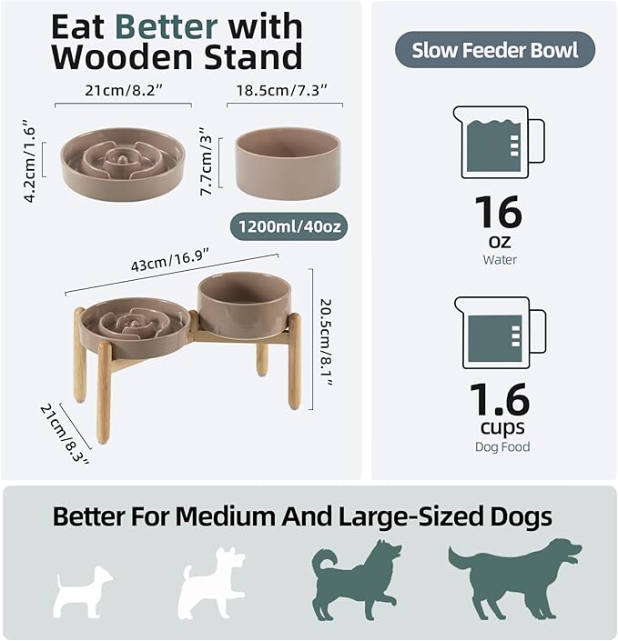 Ceramic Raised Slow Feeder Dog Bowl Set, Elevated 7.3inch Bowl and 8.2inch
