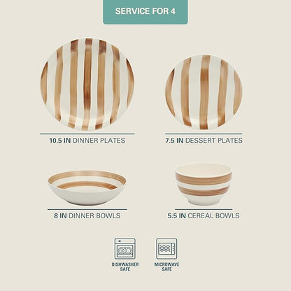 Gibson Home Kenwood Shores 16 Piece Dinnerware Set, Brown Striped, Stoneware, Hand-Painted Plates and Bowls, Service for 4, Microwave & Dishwasher Safe