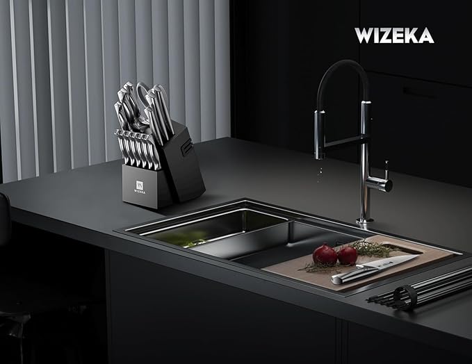WIZEKA Kitchen Knife Set with Block: Razor Sharp 15 Pcs Professional Chef Knife