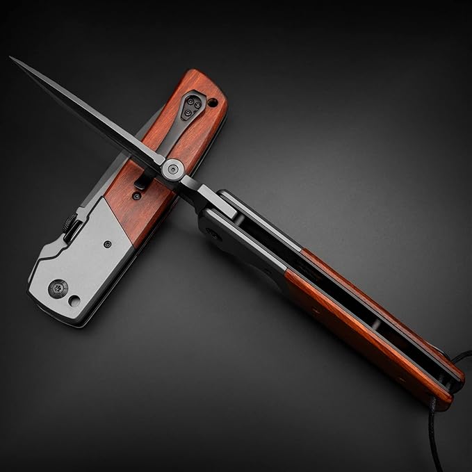 NedFoss DA52 Pocket Knife for Men, 5'' Large Folding Knife, 11'' Survival Knife with Rosewood Handle, Safety Pin, Pocket Clip, Liner Lock