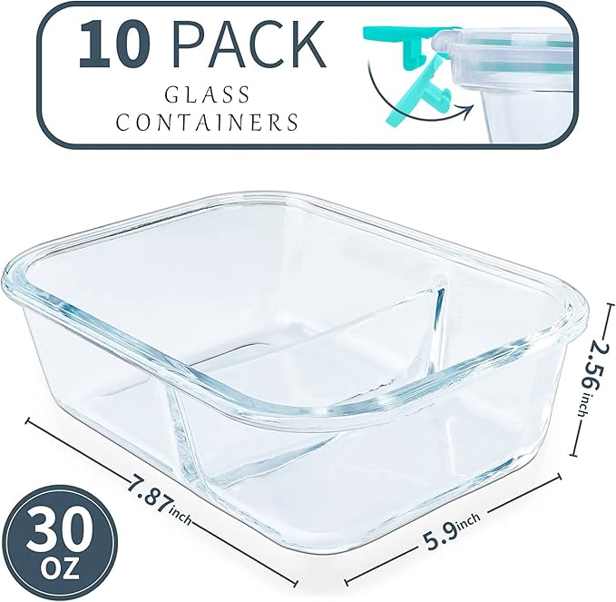 KOMUEE 10 Packs 30oz Glass Meal Prep Containers 2 Compartments,Glass Food Storage Containers with Lids,Airtight Glass Lunch Bento Boxes,Oven,Freezer and Dishwasher Safe, Green