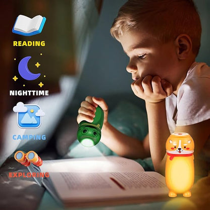 4 Pack Small Mini LED Flashlights for Kids - Cute Small Animal Flashlight - 2 in 1 Camping Lantern Flashlight - Christmas Gifts Stocking Stuffers for Girls Boys