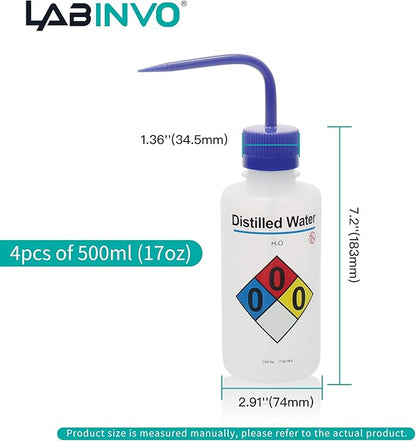 4pcs of Distilled Water Wash Bottles, Vol.500ml (17oz), Narrow Mouth, Self-Venting Safety Wash Bottles, LDPE Material, IN-WBD500