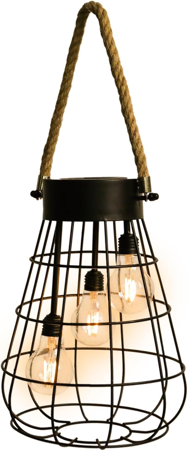 Solar Hanging Lantern with Rope, Vintage Industrial Pendant Light, 12.8" Solar Powered Outdoor Lantern, IP65 Waterproof Garden Light, Warm White Glow, Rechargeable for Patio, Porch, Yard Decor