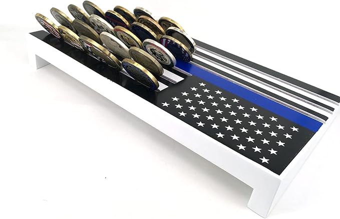 6-Row American Flag Challenge Coin Display Stand - Thin Blue Line, Holds 42-46 Coins