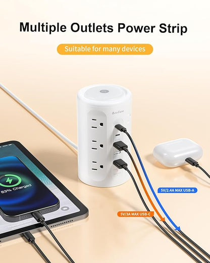 AnnTane Power Strip Tower with Night Light, 15W Surge Protector Power Strip