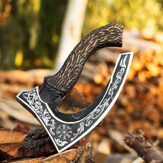 Viking Pizza Axe | Engraved Blade Pizza Cutter with Rosewood Handle & Leather Sheath | Norse Style Collectible Kitchen Tool & Gift for Pizza Lovers (WCA-027)