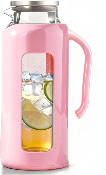 Delove Glass Pitcher with Lid & Shatterproof Shell – Heat-Resistant