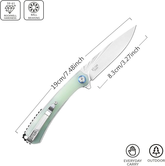 Sitivien ST144 Folding Knife,14C28N Steel Blade,G10 Handle Pocket Knife for Outdoor EDC Camping,Survival,Hiking,Fishing(Jade)
