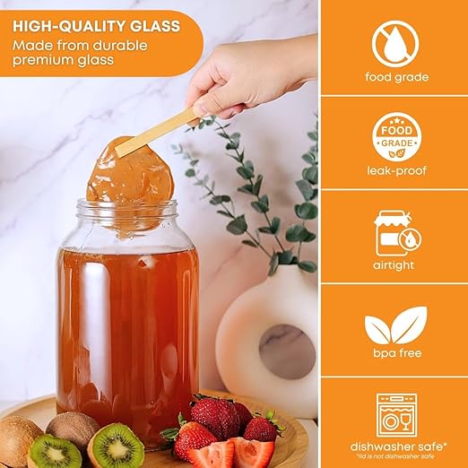 FastRack 1 Gallon Mason Jar with White Airtight Lid (Pack of 4) | Regular Glass Canisters with Airtight Lids | Large Mouth Glass Jar for Food Storage, Canning, Fermentation, Pickling