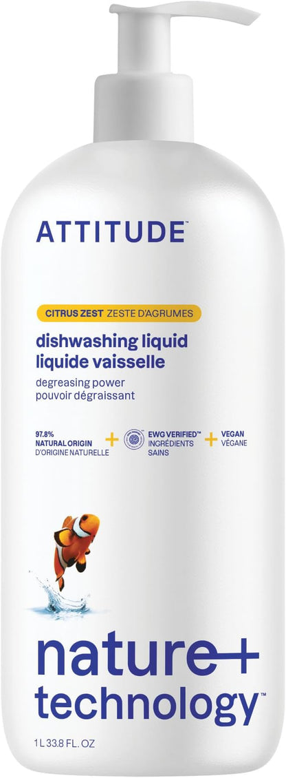 ATTITUDE Dish Soap, EWG Verified, Plant-Based & Vegan Dishwashing Liquid, Naturally Derived, Citrus Zest Scent, 33.8 Fl Oz