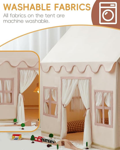 Large Kids Tent Playhouse Base Fabric with Star Lights, Flags and Tote Bags, Kids Play Tent Indoor & Outdoor, Washable Teepee Tent for Boys & Girls, Play House for Toddler, Neutral Color