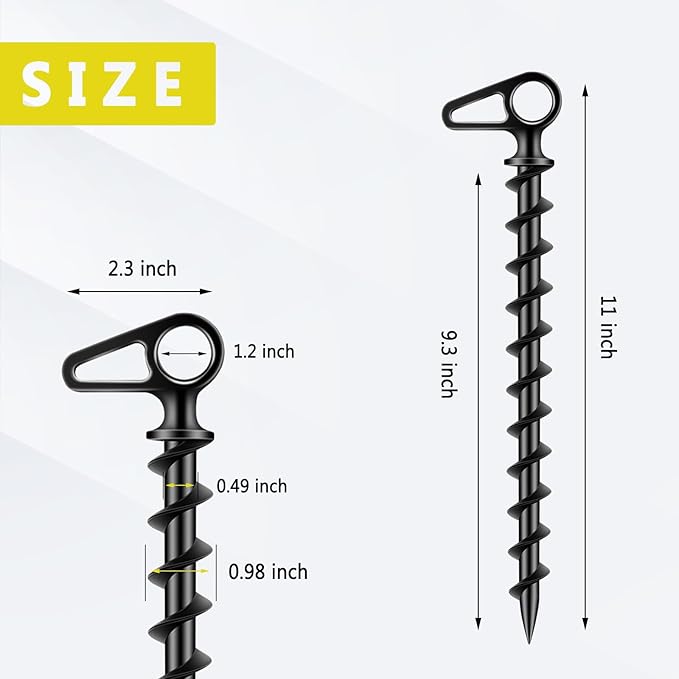 11" Aluminum Screw-in Ground Anchors - Heavy Duty Metal, Non-Rust Spiral Tent Stakes for High Wind, Grass, Sand, Camping, Canopies, Trampolines & Outdoor Securing
