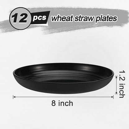 12 Pcs Unbreakable Deep Dessert Plates Set, 8 inch Reusable Plastic Wheat Straw Plates, Microwave and Dishwasher Safe Plate for Kitchen, Lightweight Plate for Dessert, BPA Free, Black
