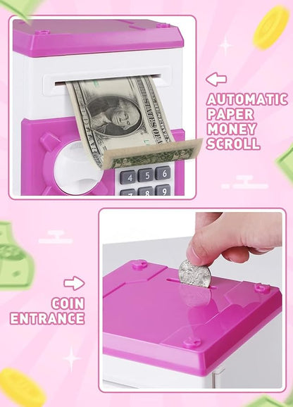 Piggy Bank for Girls Boys Large Electronic Money Coin Banks with Password Protection, Automatic Paper Money Scroll Saving Box, Great Gift for Kids (Pink-White)