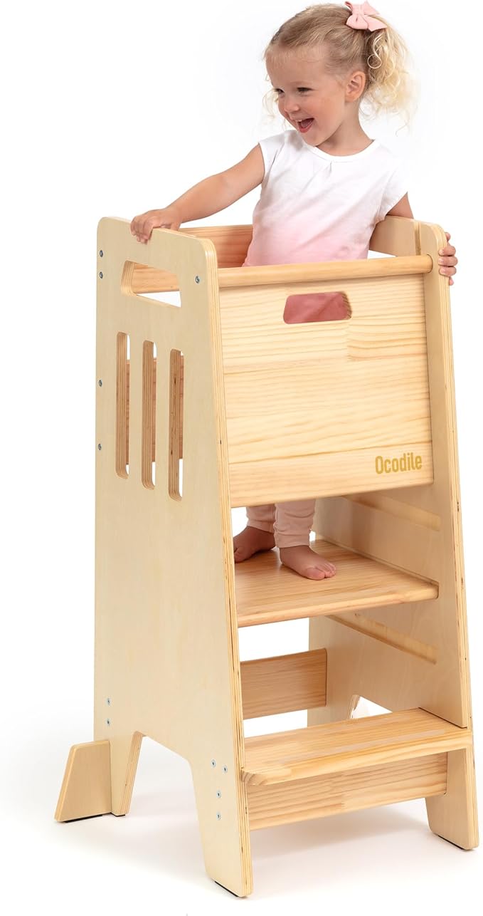 OCODILE Toddler Tower with a Sliding Door and 3 Adjustable Heights - Complete Toddler Kitchen Stool Helper with Support Feet - Safe Design for 18+ Months to 6-Year-Old Kids - Varnished
