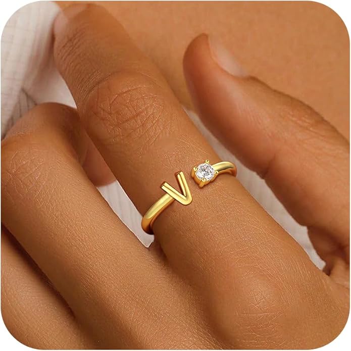 Gold Initial Rings for Women Girls, 14K Gold Plated Adjustable Initial Rings Teen Girl Gifts Trendy Stuff Letter Ring Birthday Gifts for Teenage Girls Non Tarnish