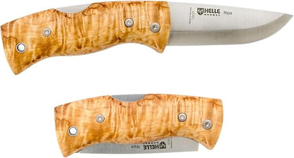 HELLE Knives - Nipa - Mid-Size Folding Knife - 2.72" Stainless Steel Blade with Hand-Sanded Curly Birch Handle - EDC Pocket Knife with Clip - Made in Norway