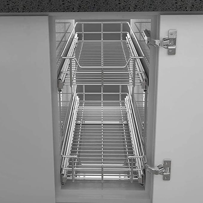 2 Tier Pull Out Cabinet Organizer 18" W X 22" D, Slide Out Drawers For Kitchen Cabinets, Pull Out Drawers For Cabinets Capacity Heavy Duty Caddy, Cabinet Pullout Shelves Chrome-Plated,Bathroom Pantry