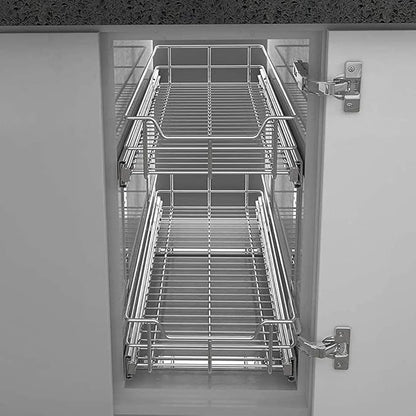 2 Tier Pull Out Cabinet Organizer 18" W X 22" D, Slide Out Drawers For Kitchen Cabinets, Pull Out Drawers For Cabinets Capacity Heavy Duty Caddy, Cabinet Pullout Shelves Chrome-Plated,Bathroom Pantry