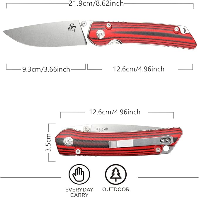 Sitivien ST128 Folding Knife,D2 Blade G10 Handle Safety Liner Lock EDC Tool Knife for Outdoor Hiking Camping-Red