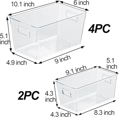 6pcs Plastic Storage Bin 2-Size Clear Storage Containers for Kitchen Pantry Organization and Storage Bins, Organizing Bins with Built in Handles, Cabinet Organizers, Clear