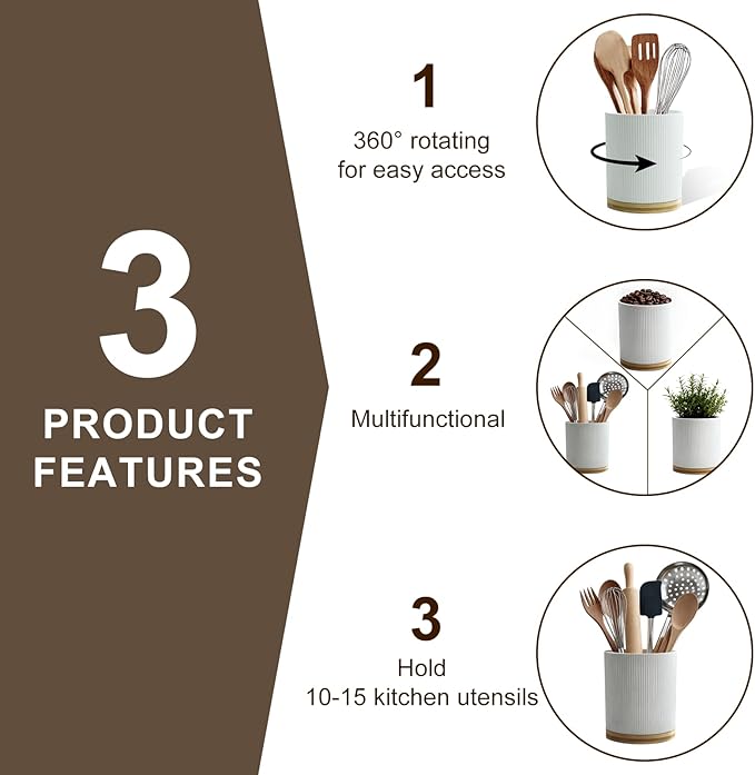 360° Rotating Utensil Holder for Kitchen Counter, 7.6'' Extra Large Utensil