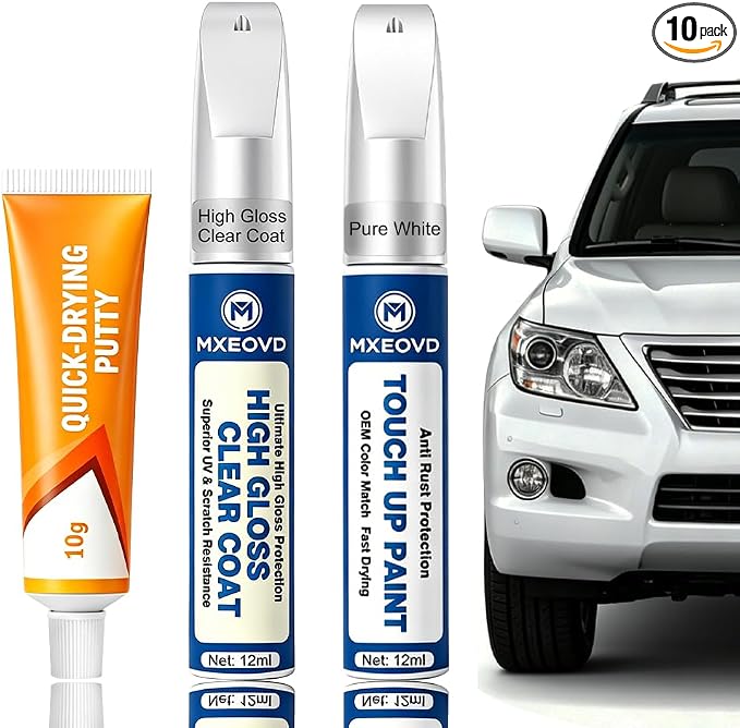 Pure White for Car Touch Up Paint Kit, All-in-One Car Paint Scratch Repair Kit with Fast Dry Putty and Glossy Clear Coat,Easy At-Home Car Scratch Restoration