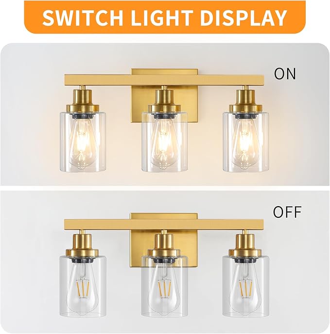 DIKAIDA 3 Light Gold Bathroom Light Fixtures, Bathroom Vanity Light Over Mirror