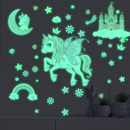 Glow in The Dark Stars Unicorn Wall Decals, Castle Moon Rainbow Stickers for Ceiling, DIY Unicorn Wall Decor for Nursery Girls Playroom, Kids Christmas Birthday Party Decoration