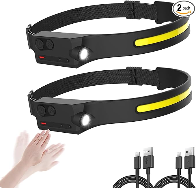 LED Headlamp Rechargeable with Motion Sensor USB Head Lamp with 230°Beam 5 Modes 350 Lumen Ultra Bright Head light Lightweight Bright Waterproof Flashlight for Outdoor Camping Hiking Running 2 Pack