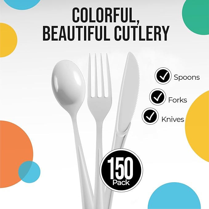 Party Solids White Plastic Silverware Heavy Duty 150 Pieces White Plastic Cutlery Sets, Utensil Sets, 50 Of Each Forks, Knives & Spoons Disposable Cutlery Set, Flatware Set For Party Supplies