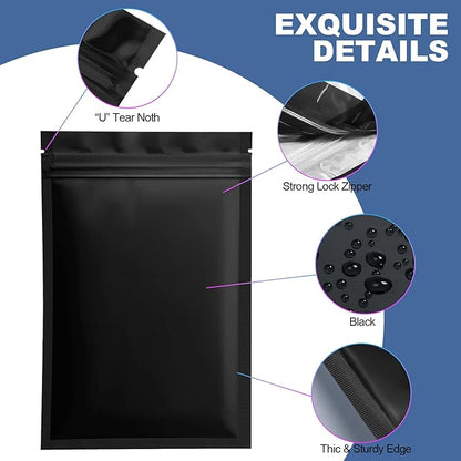 100 Pack Smell Proof Mylar Bags for Food Storage - 5.5 x 7.8 Inch Resealable Packaging Pouch Bags for Small Business Lipgloss Jewelry Matte Black