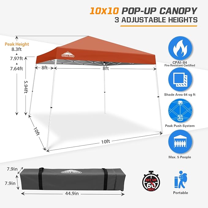 EAGLE PEAK 10x10 Slant Leg Pop-up Canopy Tent Easy One Person Setup Instant Outdoor Beach Canopy Folding Portable Sports Shelter 10x10 Base 8x8 Top (Brick Red)