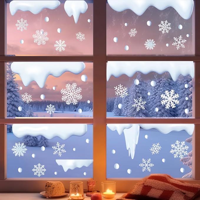 Winter White Snowflakes Window Clings for Glass Window, Snowdrift Snowball Icicle Window Stickers Set Double Sided Christmas Window Stickers Decals for Holiday Theme Party 4 Sheet