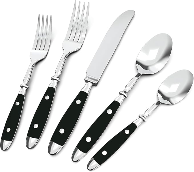 Silverware Set For 8 with Two Rivets, Vintage 40-Piece Everyday Flatware Set with Black Bakelite Handle, Stainless Steel Cutlery Set, Dishwasher Safe, Knives Spoons and Forks Set