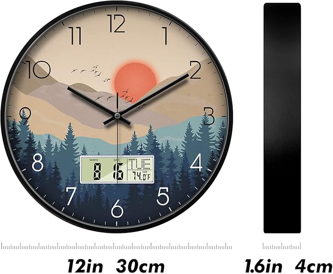 Silent Wall Clock with Day Week Temperature Wilderness with Sunset Non-ticking