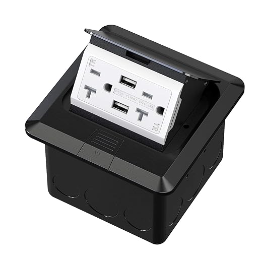 KYHSHJ 4.8A USB Chargers Pop Up Floor Waterproof Electrical Outlet Receptacle Stainless Steel Box,Black