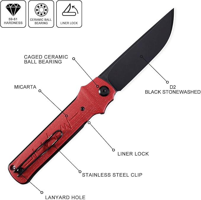 Petrified fish PFB04 Tena Folding Knife, 3.82" D2 Black Stonewashed Blade Micarta Handle Pocket Folding knife for EDC Camping Outdoor (Red Micarta Stonewashed)