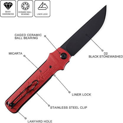 Petrified fish PFB04 Tena Folding Knife, 3.82" D2 Black Stonewashed Blade Micarta Handle Pocket Folding knife for EDC Camping Outdoor (Red Micarta Stonewashed)
