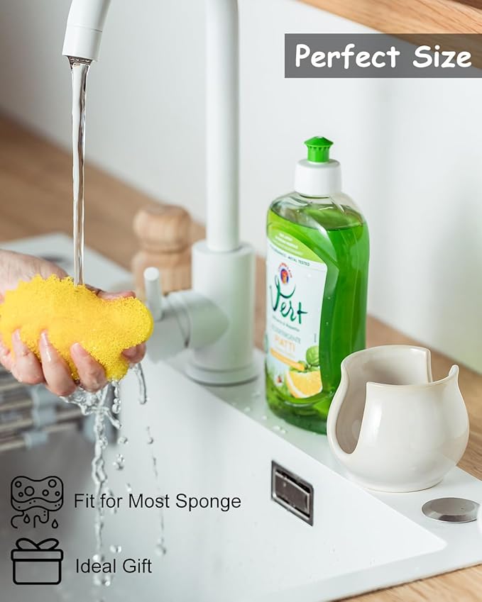 Zoeeker Sponge Holder for Kitchen Sink Counter, Ceramic Dish Sponge Caddy White