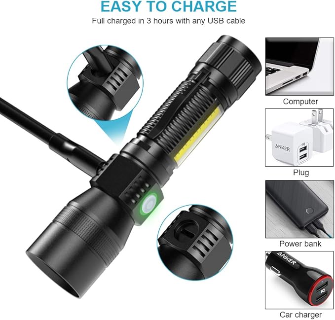 UV Flashlight Black Light, USB Rechargeable Flashlight with Magnetic Base - High Light, Side Light, 7 Modes, Zoomable, Waterproof ??LED Torch for Mechanics Pet Urine Stains Detection (1)