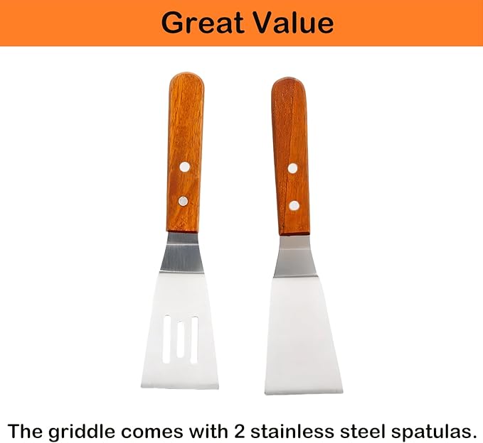 Universal Stainless Steel Griddle Flat Top Plate Grill-Top Griddle Pan with Even Heating Cross Bracing for BBQ Charcoal/Gas Grills, Camping, Tailgating, and Parties (17"*13")