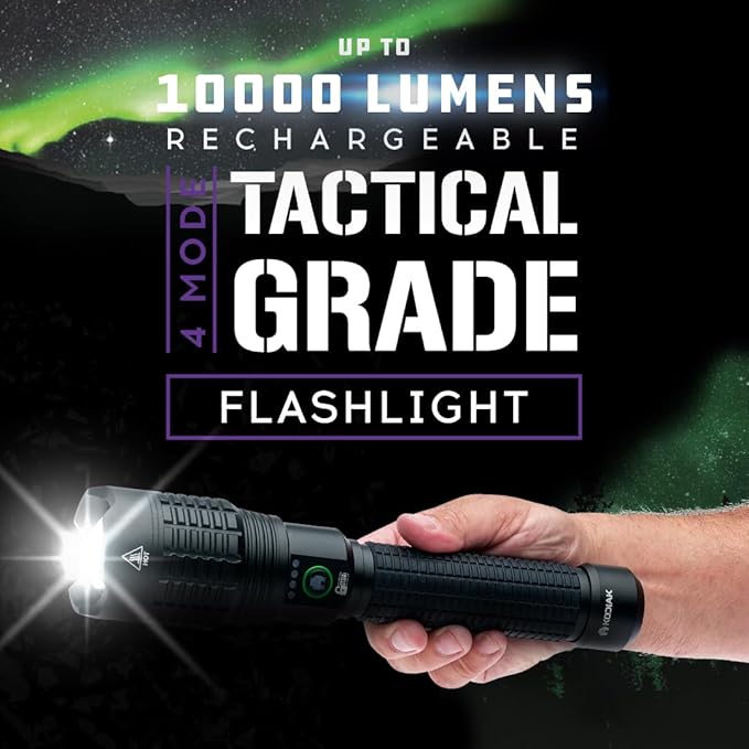 LitezAll Kodiak Kiran 10,000 Lumen Tactical Flashlight, Ultra Bright Rechargeable LED Flashlight with Safety Lock, IPX4 Water Resistant, Drop Tested Rugged Flashlight for Emergency Camping Outdoor Use