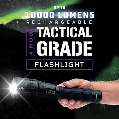 LitezAll Kodiak Kiran 10,000 Lumen Tactical Flashlight, Ultra Bright Rechargeable LED Flashlight with Safety Lock, IPX4 Water Resistant, Drop Tested Rugged Flashlight for Emergency Camping Outdoor Use