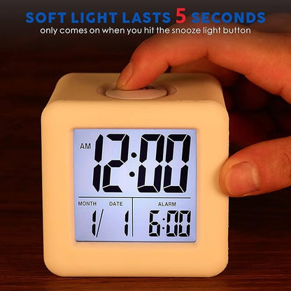 Plumeet Easy to Set Digital Travel Alarm Clock, Snooze Function, Soft Night Light, Large Screen time and Month and Date Display and Alarm, Progressive Sound Alarm and Handy Size (White)