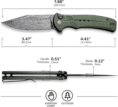 CIVIVI Cogent Button Lock Flipper Pocket Knife, Damascus Blade Green Micarta Handle, Good for Outdoor EDC Camping C20038D-DS1