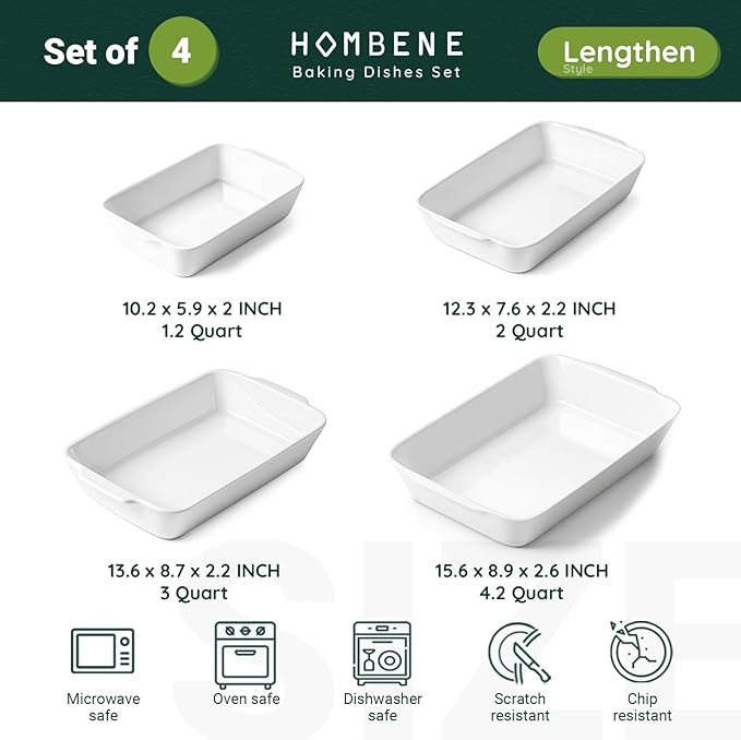 HOMBENE Baking Dish Set for 4, Ceramic Bakeware Sets