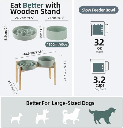 3.2 Cup Ceramic Raised Slow Feeder Dog Bowl Set, Elevated 8.2inch Bowl and